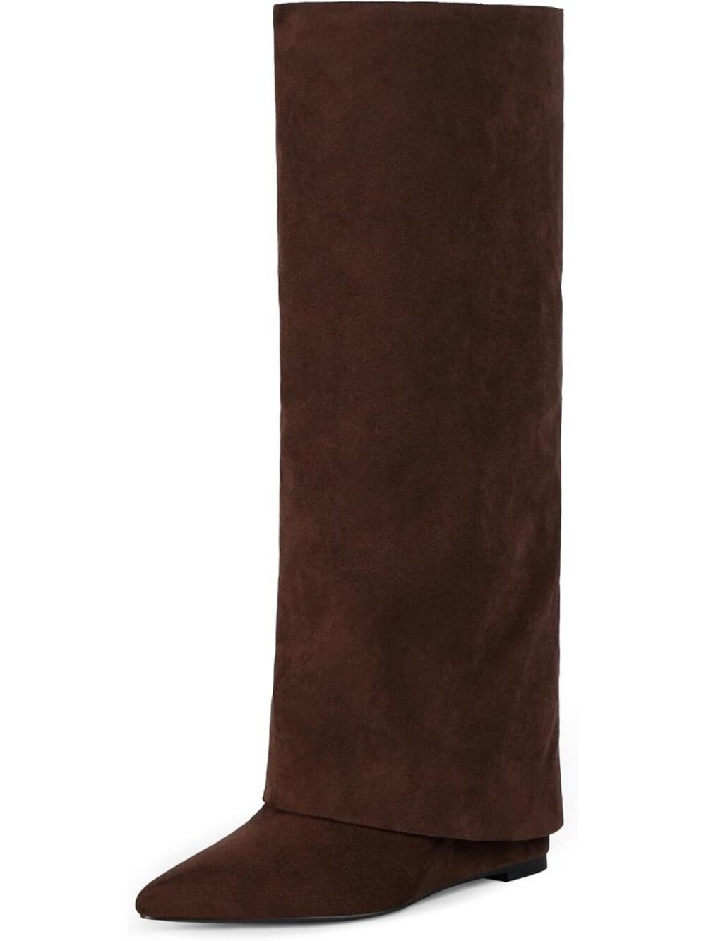 Women's Chocolate Faux Suede Fold Over Wedge Heel Side Zipper Shark Tall Boots